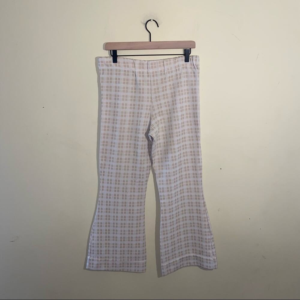 VINTAGE 1970s wide leg plaid textured disco checked trousers L - Picture 2 of 4